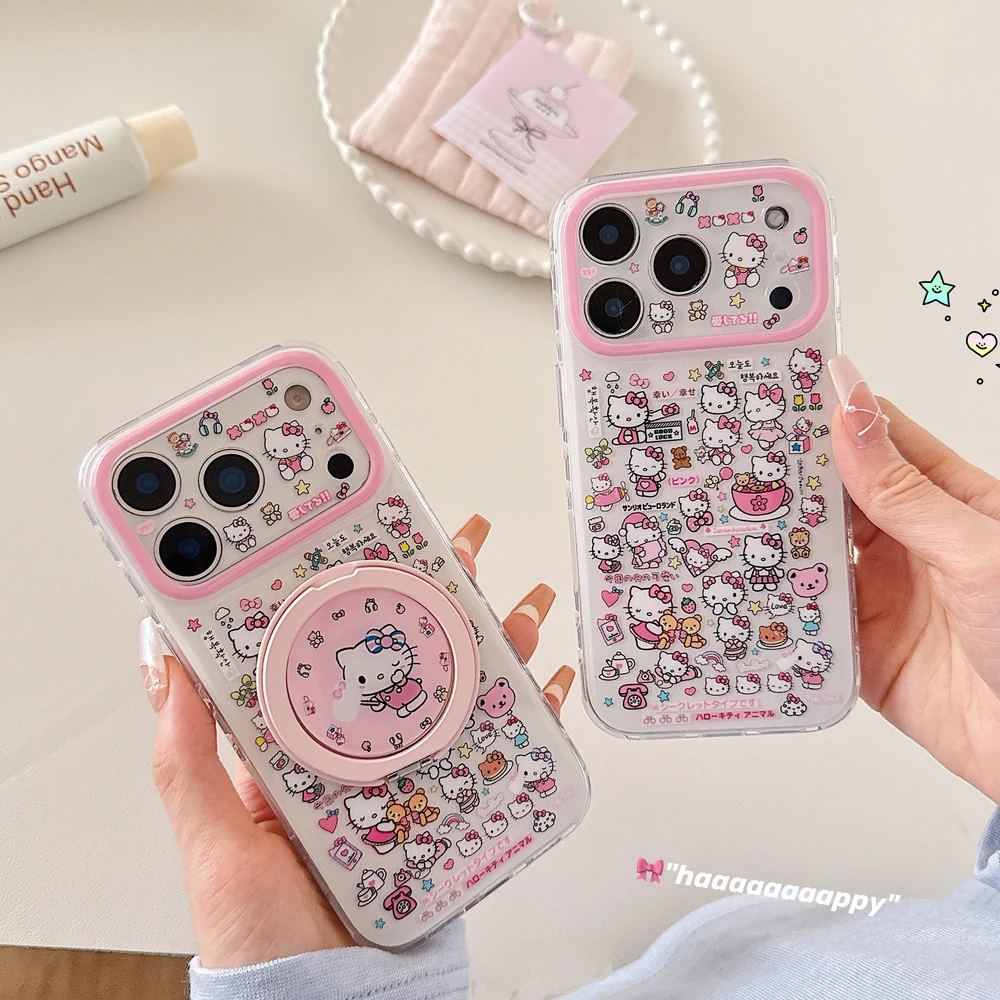 Cute Cartoon Sanrio Hello Kitty 360°Rotation Stand Phone Case For iPhone 17 16 15 14 13  Pro Max Cases With Ring Holder Cover