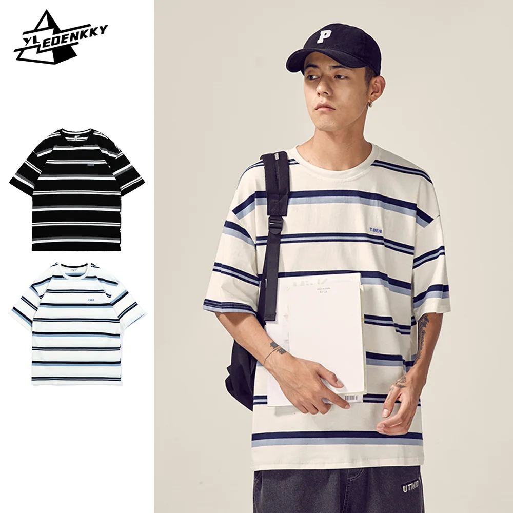 

Oversize Striped T-shirt Men Women INS Loose Crewneck Versatile Half-sleeved Tops Summer Casual Student Couple Tees Unisex New