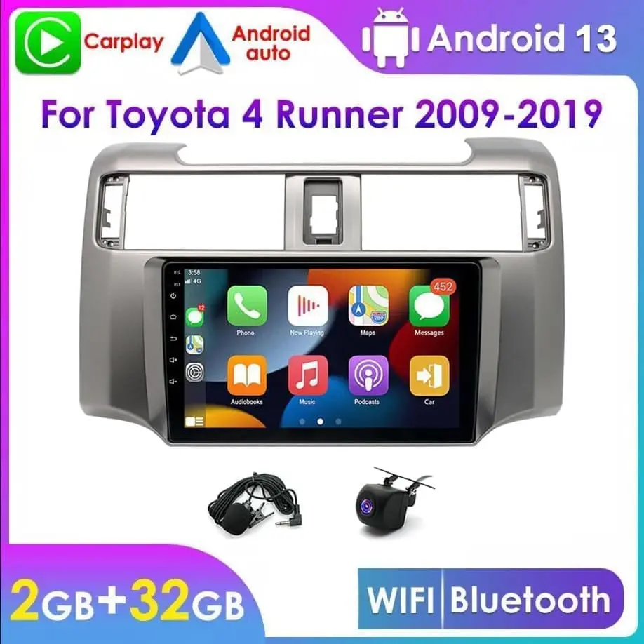 For Carplay/Android Auto 9 Inch Touch Screen Android 13 Player Bluetooth GPS Navigation Compatible for Toyota 4Runner 2009-2019