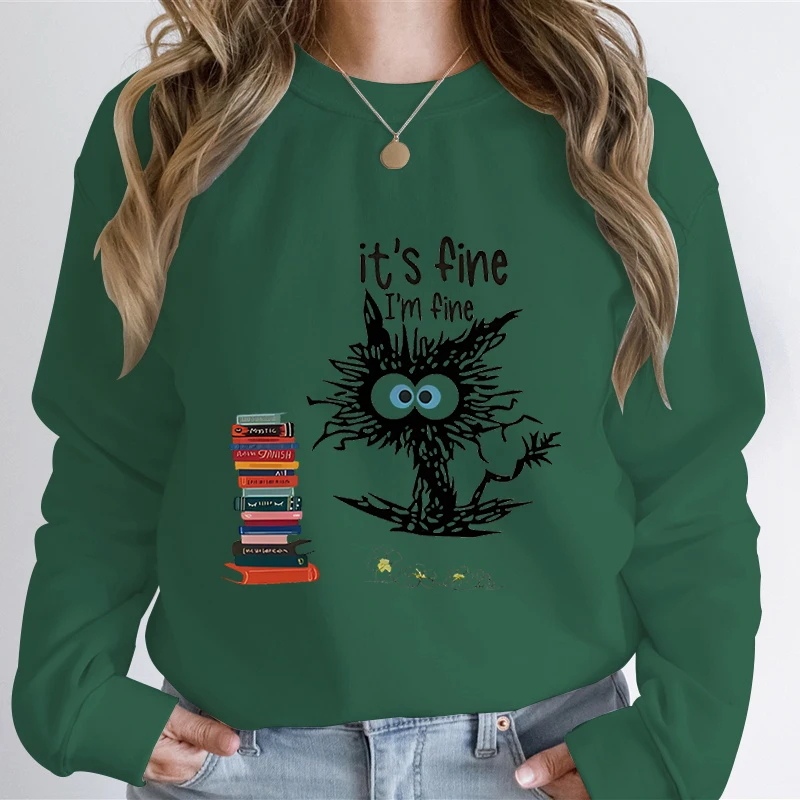 It's Fine I'm Fine Cat Sweatshirt, Unisex, Positivity Shirts, Cartoon Cat Cleaning Hoodies, PVD Funny Animal Lovers Hoodies