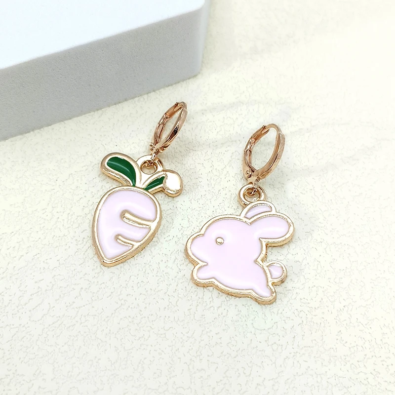 Gold Color Asymmetrical Rabbit Radish Stud Earrings for Women Cute Bunny Earrings for Girls