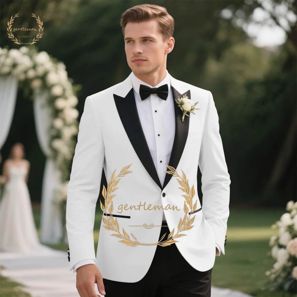 Black Peak Lapel Single Button Wedding Suit Set with Ivory Blazer & Pants Formal Groom Attire Contrast Custom Tailored