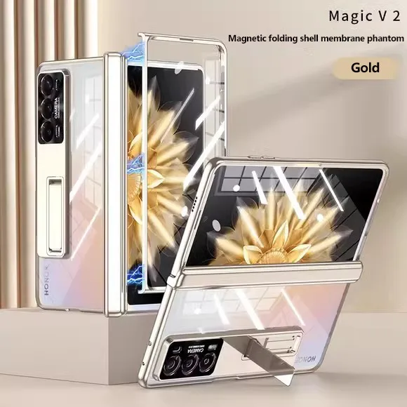 

Electroplating Hard PC Transparent Case For Honor Magic V2 Bracket Hinge Anti-drop Lens Protective Cover With Tempered Film