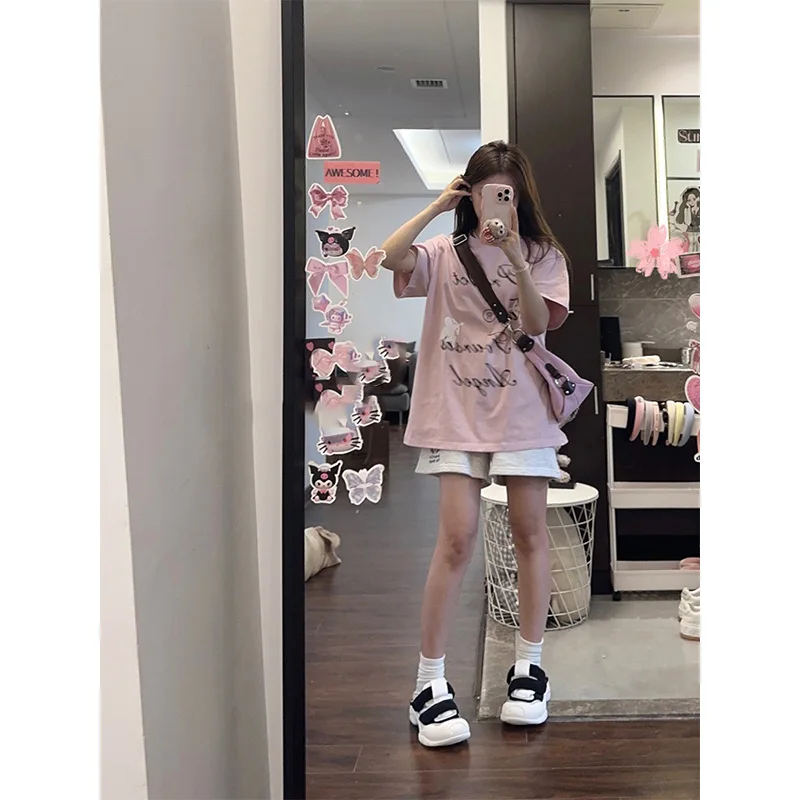 الرجعية الأمريكية الوردي إلكتروني طباعة ort Sve تي شيرت المرأة الصيف العصرية فضفاضة شيك هونغ كونغ Sle f Sve الأعلى #2