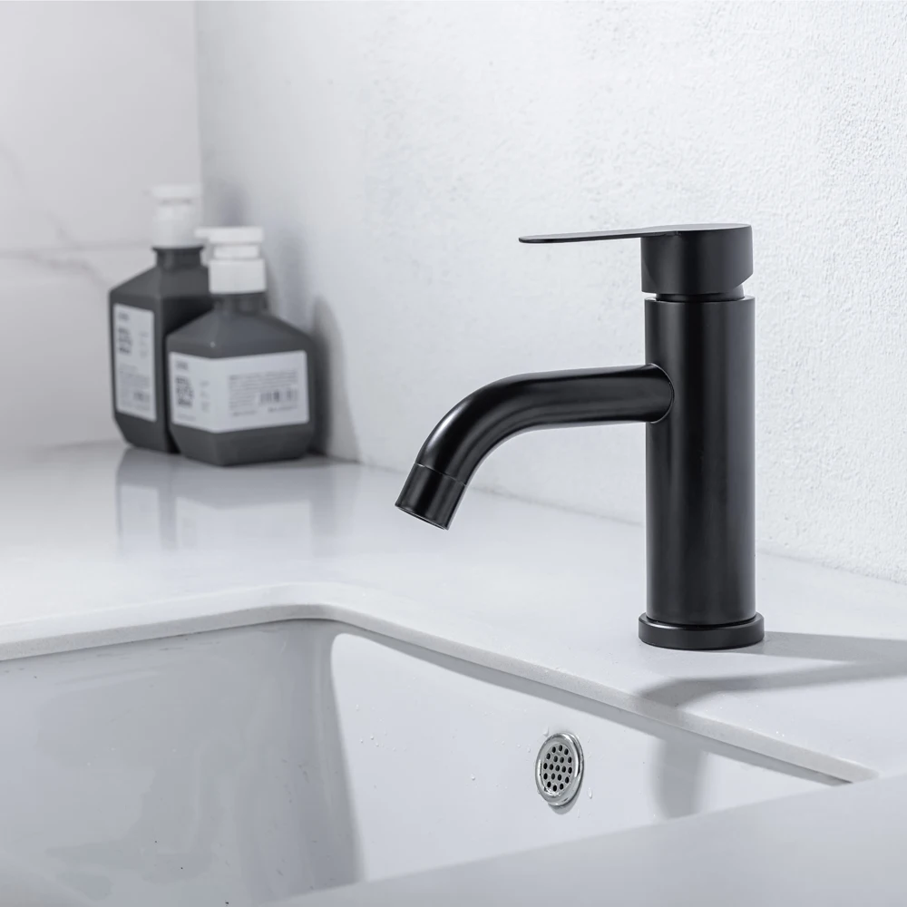 

Matte Black Bathroom Basin Faucet Single Hole Single Holder Deck Mounted Stainless Steel Hot Cold Water Mixer Tap Basin Faucet