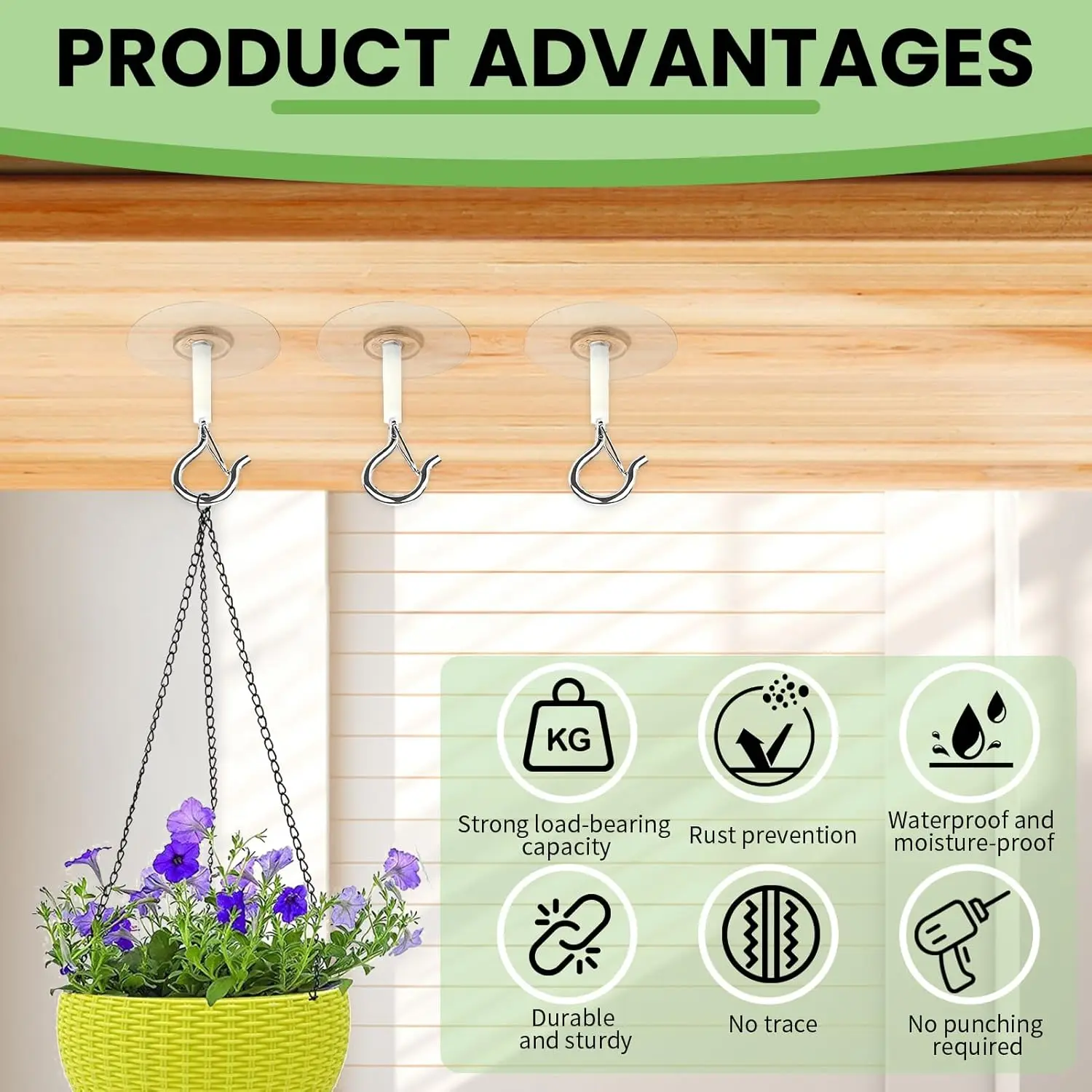 5Pcs Heavy Duty Self Adhesive Ceiling Hooks No Drill Plant Hangers with Safety Locks for Hanging Lights Chimes Fans Wall Decor for Kitchen Bathroom view 3