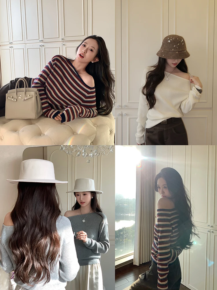 

Корейский вязаный топ с длинными рукавами и открытыми плечами для женщин: дизайнерская новинка, два способа ношения, эффект похудения, осень-зима