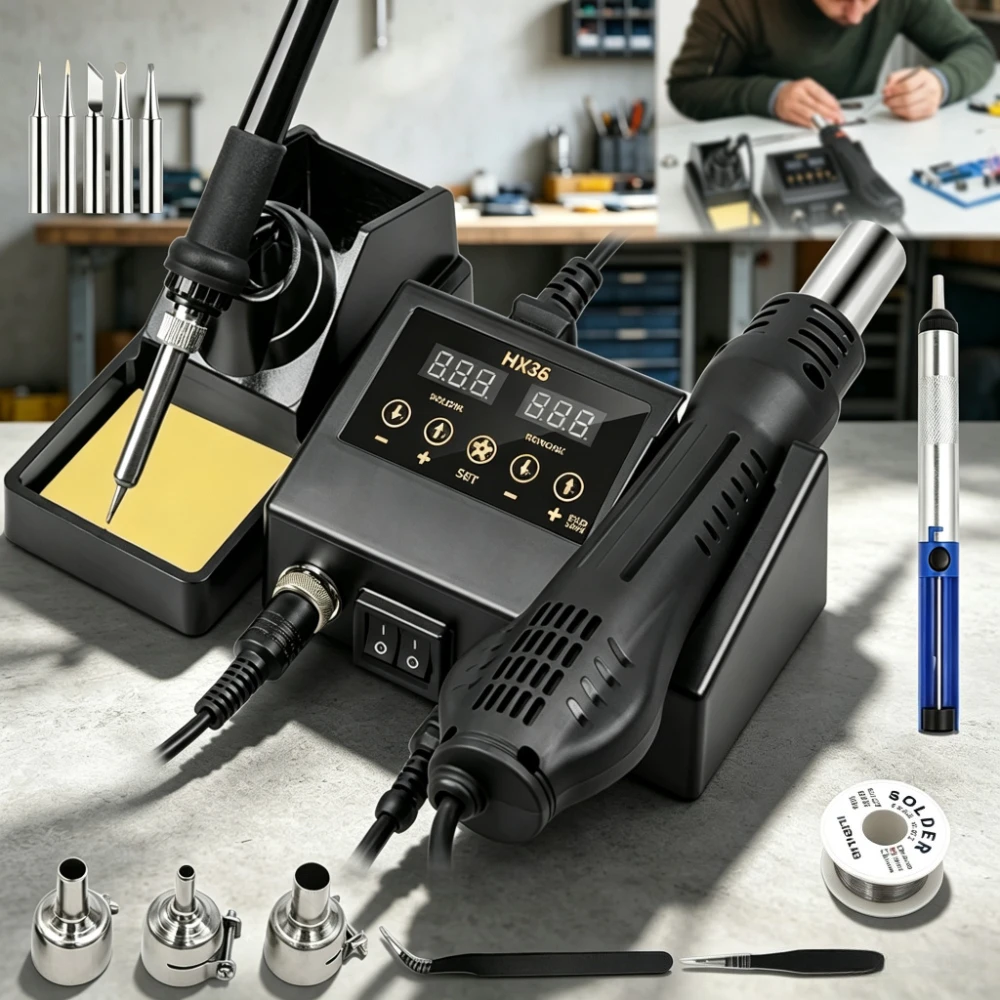 Station de soudage à air chaud 2-en-1 avec contrôle intelligent de la température PID, fer à souder 60W, pistolet à air chaud 600W, kit d'outils de soudage SMD antistatique ESD avec accessoires, mode veille ℃ / ℉   Conversion
