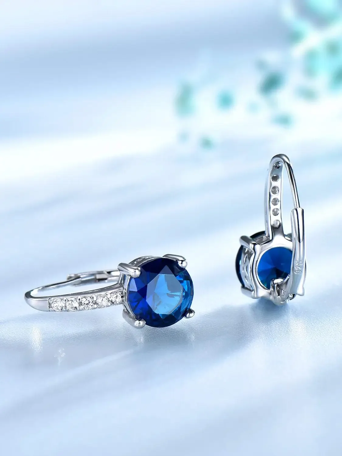 UMCHO Real 925 Silver Jewelry Round Created Nano Sapphire Clip Earrings For Women Party Engagement Gift Fine Jewelry