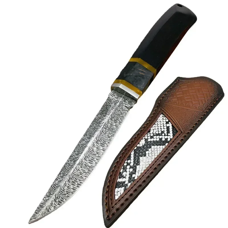 

Feather Pattern 9cr18 Stainless Steel Fixed Blade Knife Ebony Handle Outdoor Camping Survival Self Defense Knifes Leather Case