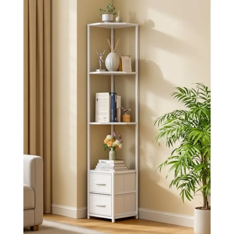 

63.4'' Tall 6-Tier White Corner Shelf Stand with Fabric Drawers Freestanding Storage Shelf for Living Room Bedroom Kitchen Bath