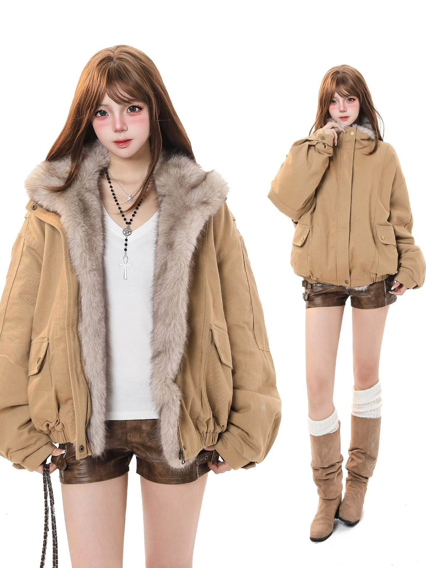 Women's Fur Collar down Jacket Thickened Loose Coat Warm Commuter Style Zipper Closure Long Sleeve Pure Color Winter Coat