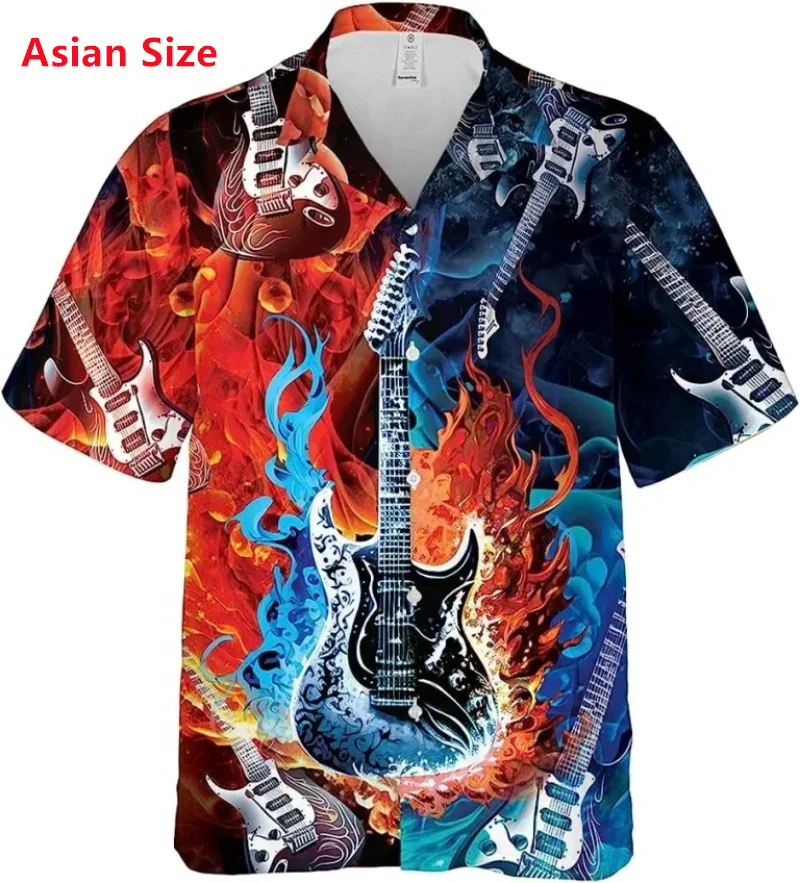 All Over Print Guitar On Fire And Ice Hawaiian Shirts For Men Short Sleeve Button Shirt Blouse Mens Gift For Music Lover