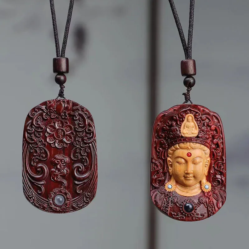 

Lobular Red Sandalwood Dumu Guanyin Bodhisattva Brand Lucky Pendant Necklace Green Sandalwood Carved Brand Pendant Woolen Chain