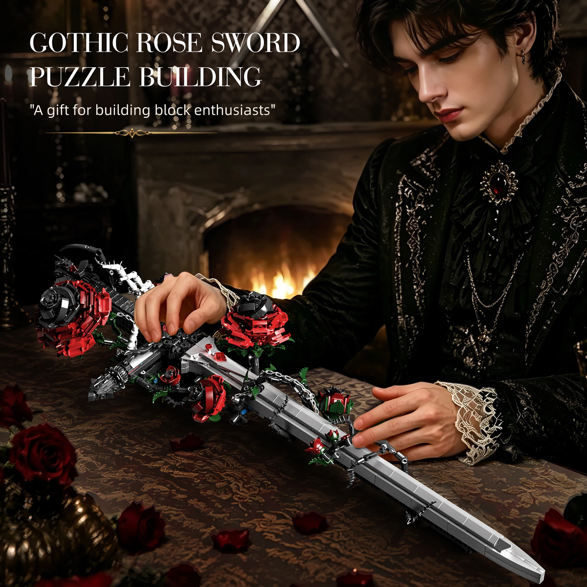 K70007 Bausteine Rosen-Schwert Desktop-Kreativspielzeug, Gotische Dunkle Serie, Modellbausatz, Geburtstagsgeschenk für Erwachsene