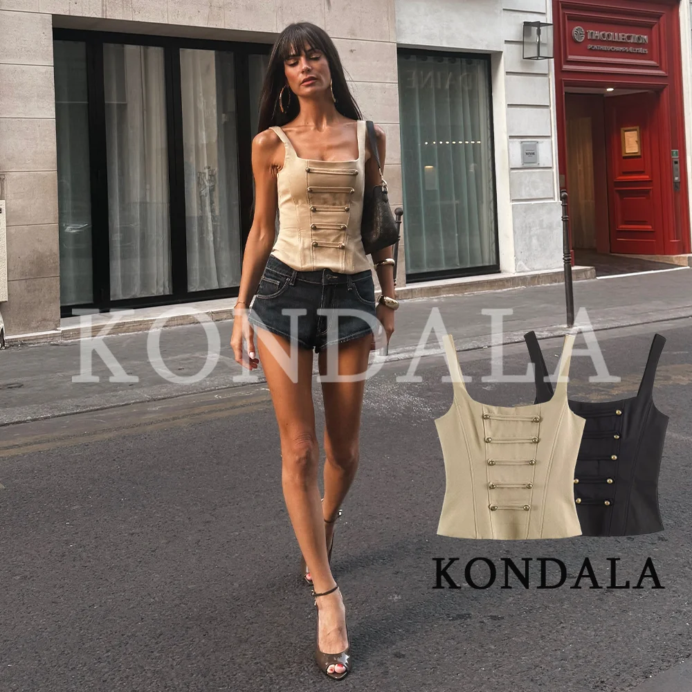 KONDALA Women Trendy High Street Sling Tops Elegant Vintage Buttons Slim Camisole New 2026 Summer Fashion Holiday Chic Tight Top