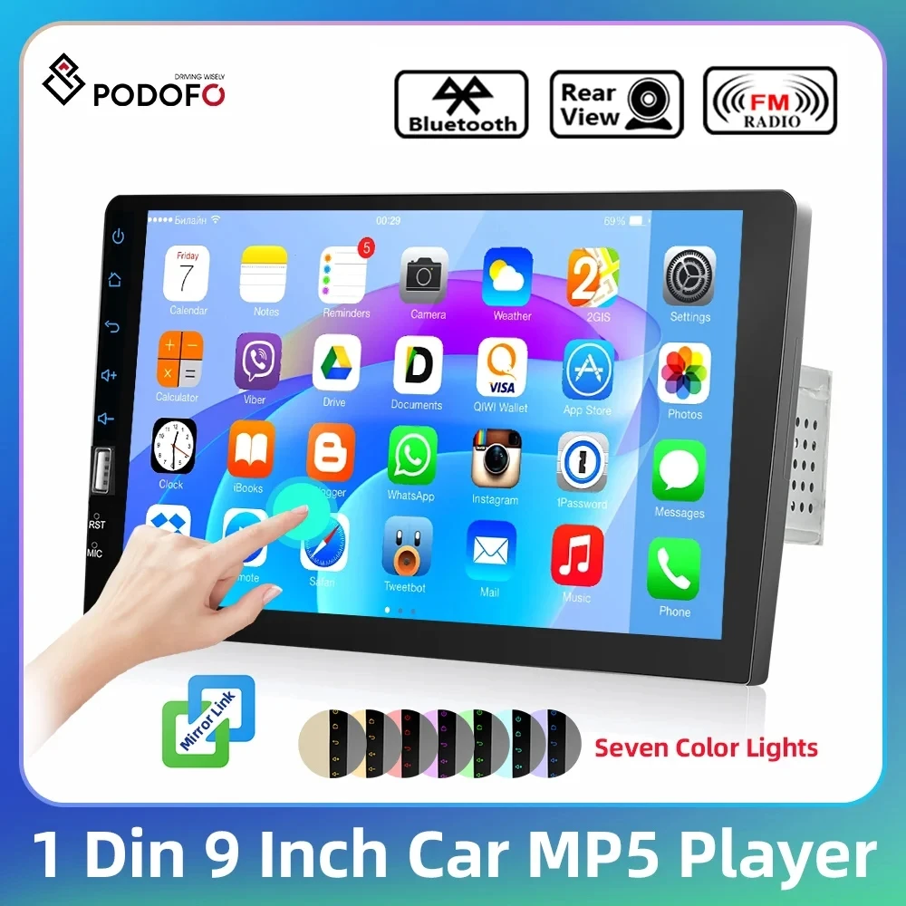 Podofo 1 Din MP5 Car Stereo Radio 9'' Mirror Link Bluetooth USB Steering Wheel Remote FM Receiver 1080P Multimedia Video Player