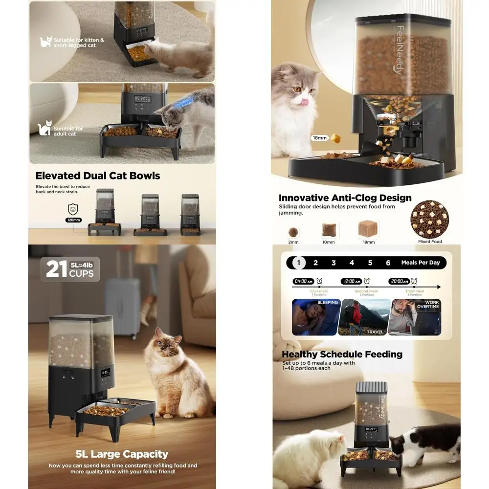 

Приподнятый дозатор сухих продуктов Dual-Cat объемом 5 л с осушителем, 10 оповещений о еде, 48 порций, 6 ежедневных блюд, регулируемые порции, нержавеющая сталь