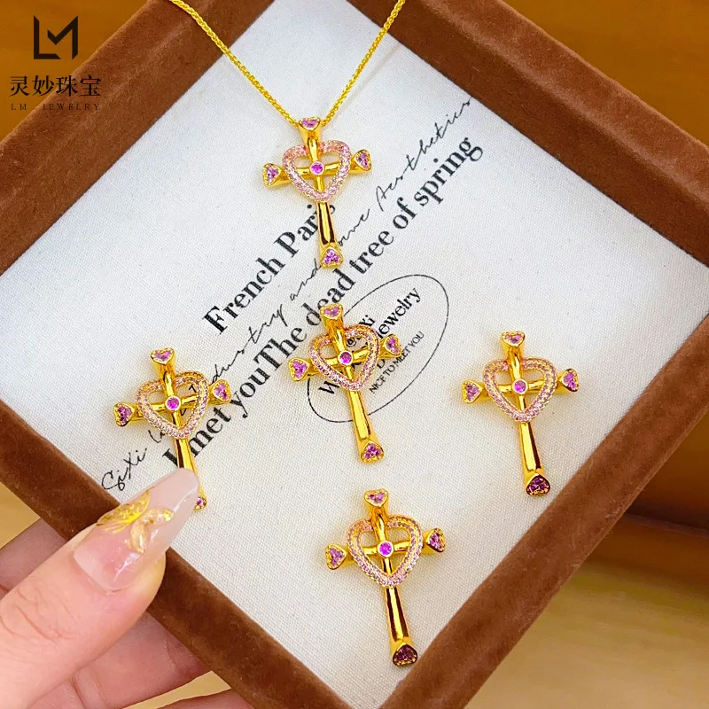 

Ancient method 9999 24K real gold with pink diamonds love cross two-wear necklace bright gold clavicle chain sweet and exquisite