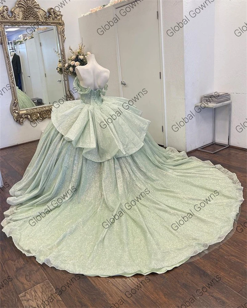 Vestido de baile de cristal, doce princesa Quinceanera vestidos, ombro, verde menta, novo design, 2023, 15, 16