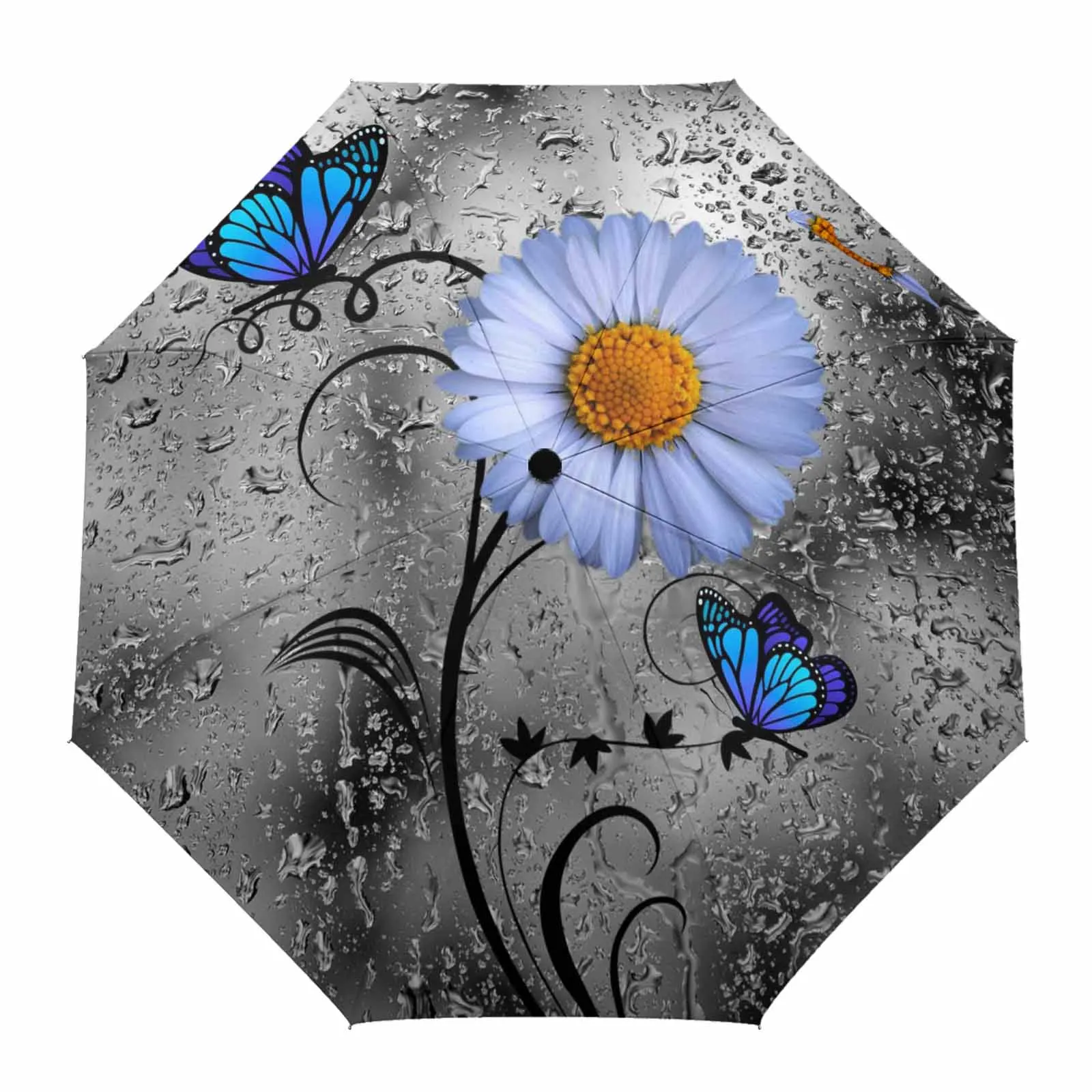 Daisy Butterfly Drops Of Water Windproof Umbrellas Travel Folding Umbrella for Female Male 3 Fold Non Automatic Parasol