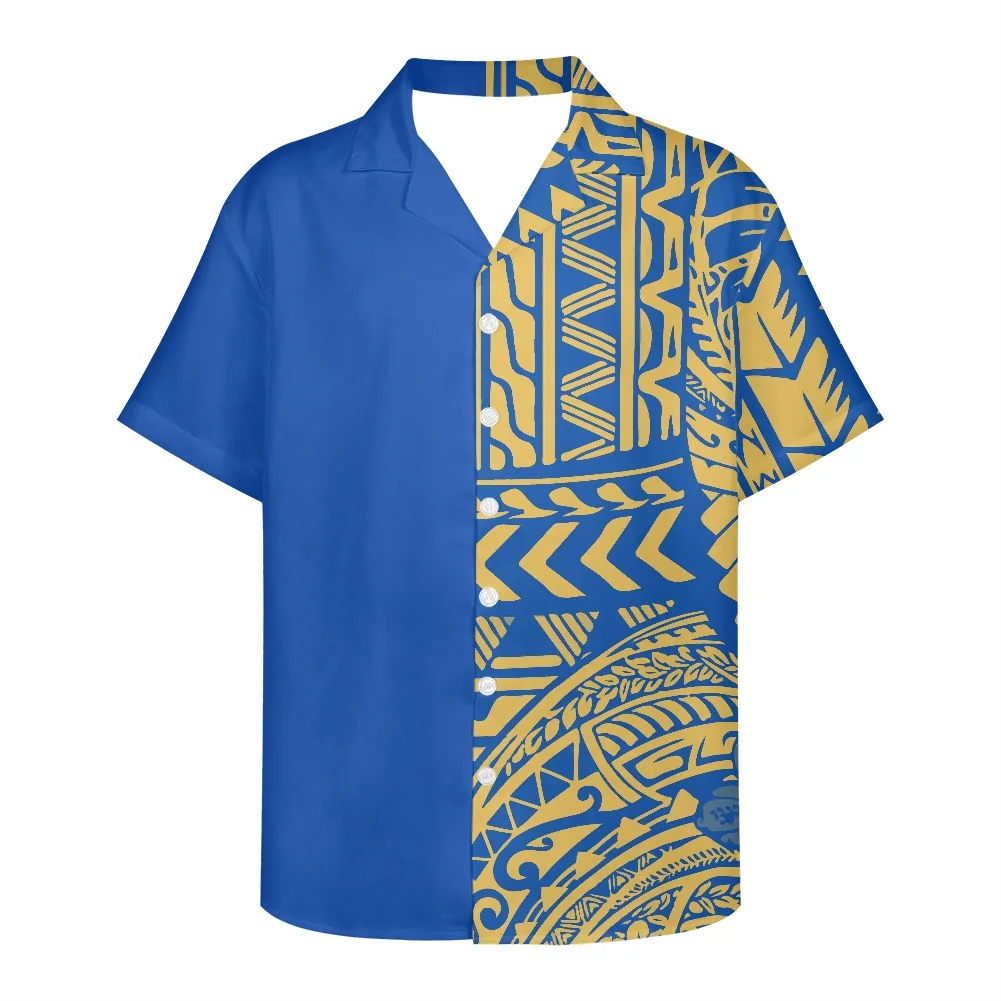 

HYCOOL Polynesian Tribal Men'S Top And Blouse Button Up Summer Casual Cute Hawaiian Shirt For Island Wedding Party-Gold And Blue