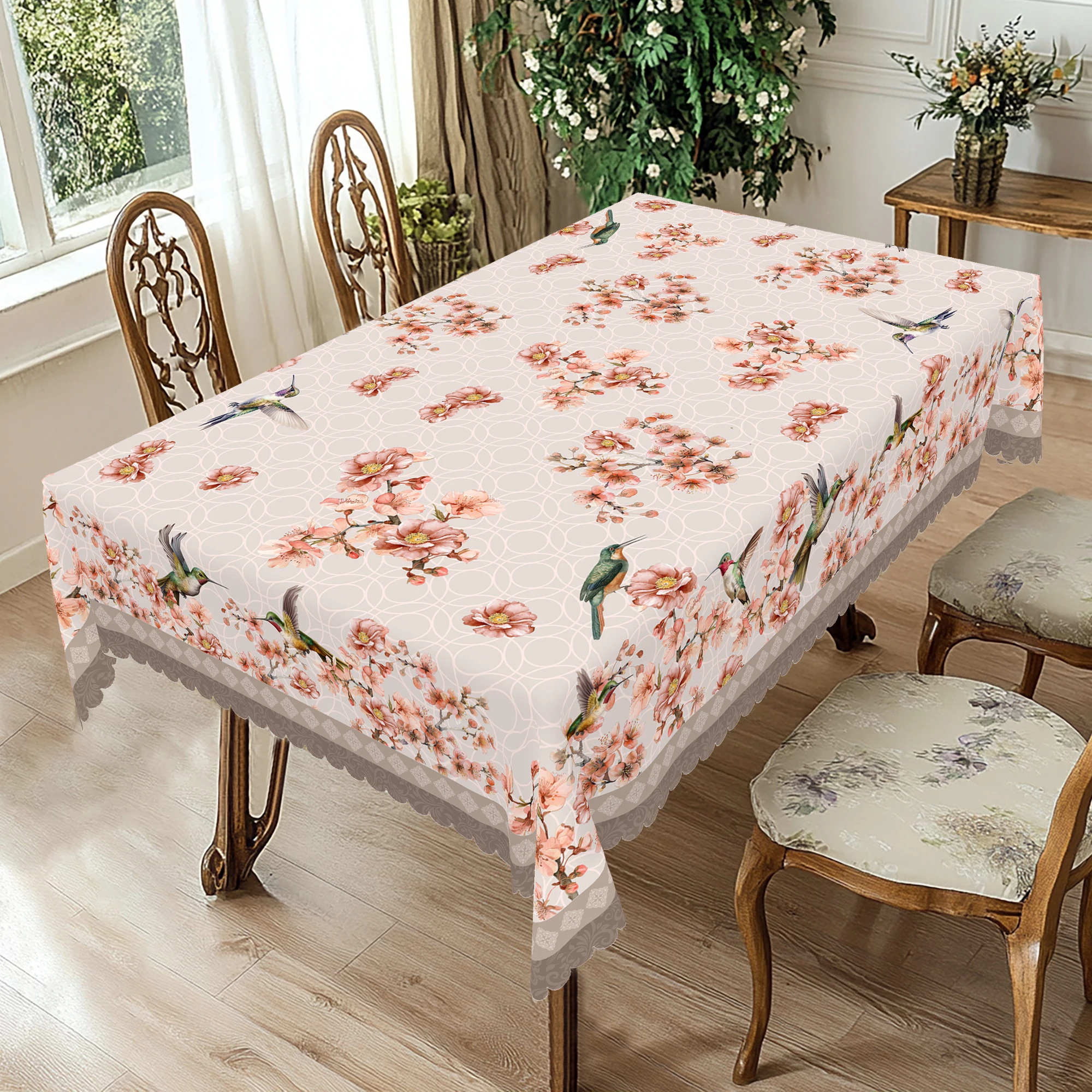 1 Piece of Spring and Summer Floral and Bird Print Tablecloth in Round and Rectangular Shapes, Available in Various Sizes, with Light Pink Base Pattern and Soft Pink Floral Designs Interwoven, Featuring a Dynamic Hummingbird and Flower Branch Print, with Embossed Edges, Suitable for Home Dining Rooms, Outdoor Picnics, Spring Atmosphere Decoration, and Spring Home Decor