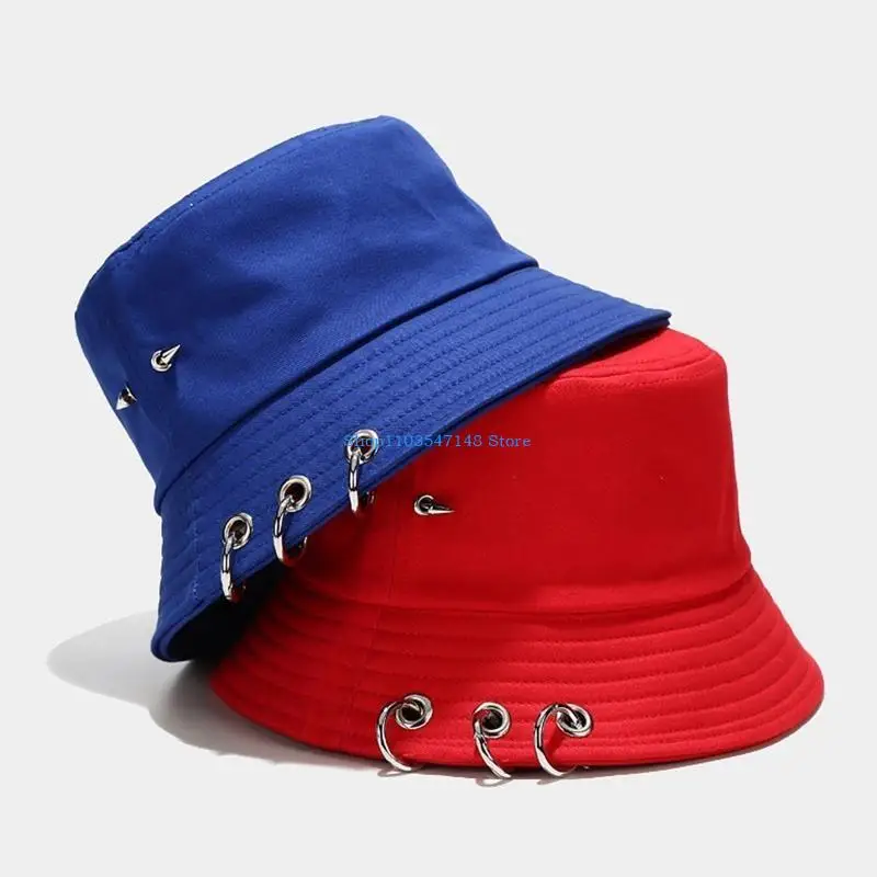 P88B Women Men Harajuku Hip Hop Color Bucket Hat with Spiked Rivets 3 Metal Rings Outdoor Wide Brim Sunscreen Fisherman