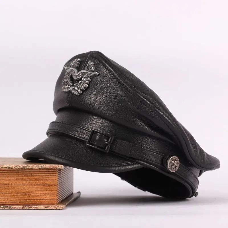 2024 New Retro American Sailor Cap German Military Caps For Men Male Genuine Leather Brown Flat Top Hats European Chapeau