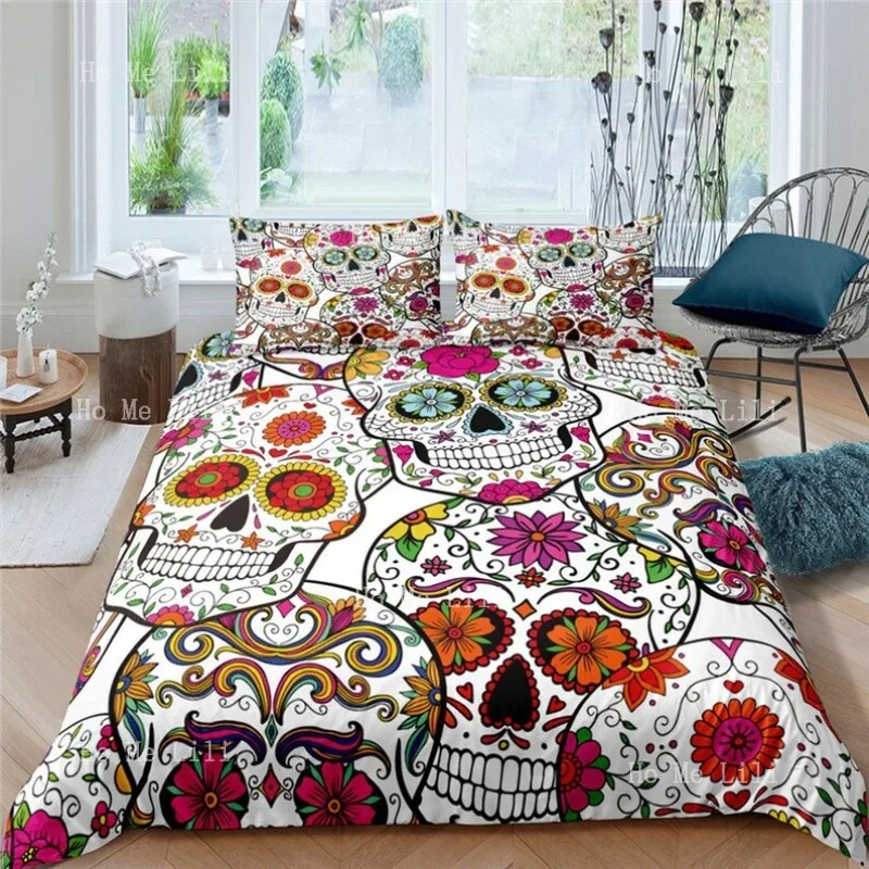 Комплект постельного белья нестандартного размера Dead Dorm, пододеяльник с сахарным черепом, эстетическое покрывало для спальни, красочное покрывало с цветочным принтом