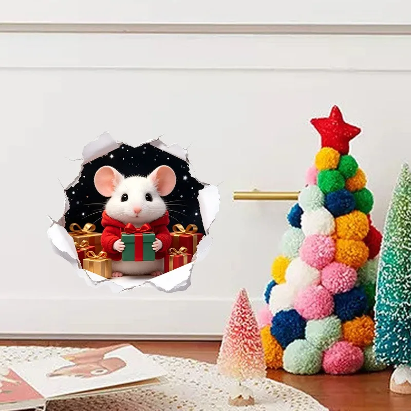 VIKAMA Three Mice Gifts Christmas Door Wall Sticker Xmas Wreath Self-Adhesive Decor for Living Room Bedroom Dorm