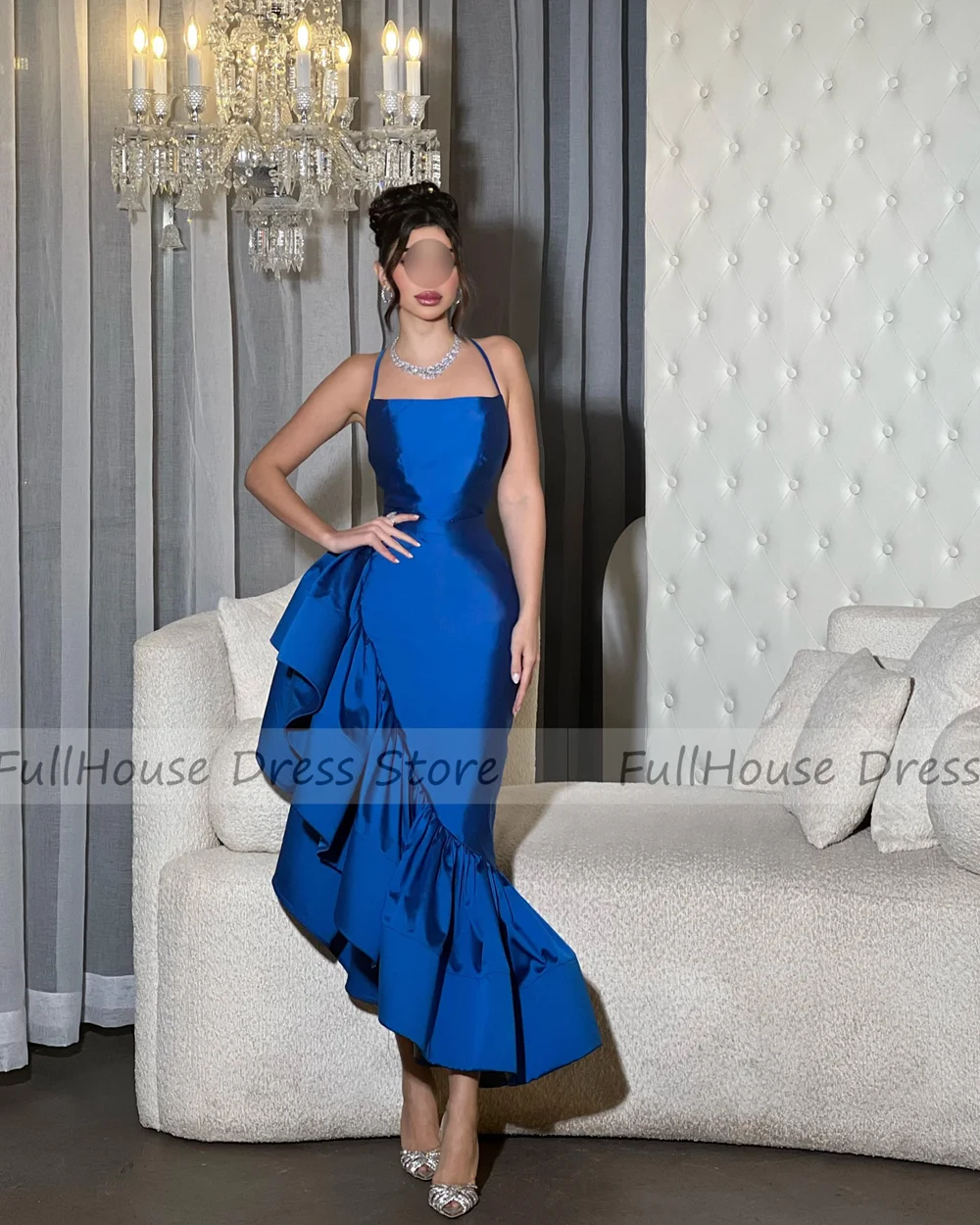 Nach Maß, moderne Spaghettiträger, abgestufte Rüschen, Etui-Sexy-Abendkleid, rückenfrei, High-Low-Abschlussballkleid, Sierra Daugة