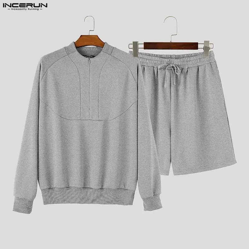Ensembles pour hommes INCERUN, survêtements unis, sweats à capuche amples à manches longues avec fermeture éclair et shorts, ensembles deux pièces, streetwear, ensembles assortis élégants pour hommes