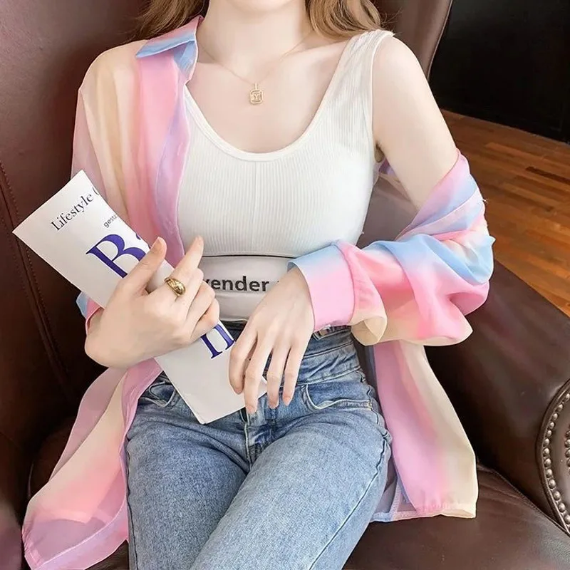 Summer New Thin Long Sleeve Tie Dye Loose Cardigan Polo Neck All-match Youth Trend Shirt Tops Fashion Korean Women Clothing