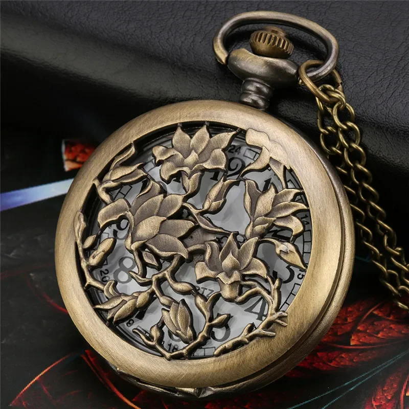 Retro Timepiece Antique Pocket Watch with Hollow Flower Design Bronze Quartz Movement Clock Necklace Sweater Chain Collectable