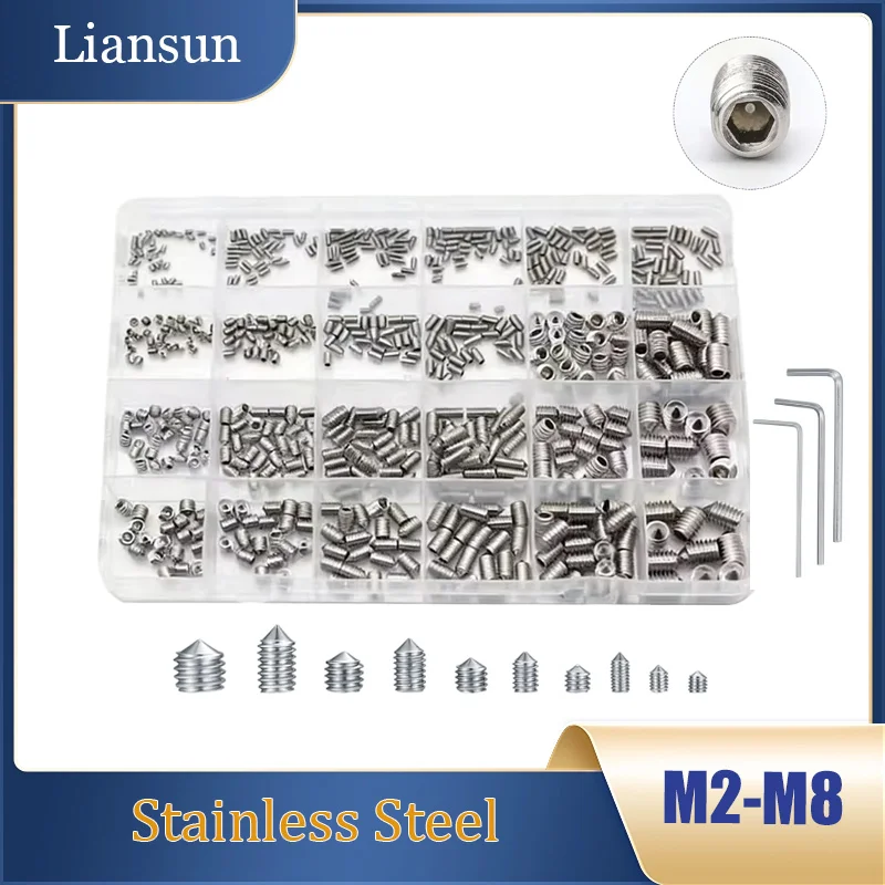 

Набор винтов с внутренним шестигранником из нержавеющей стали, 667 шт./упаковка, M2 M2.5 M3 M4 M5 M6 M8, безголовые винты-шестигранники с коническим концом, установочные винты