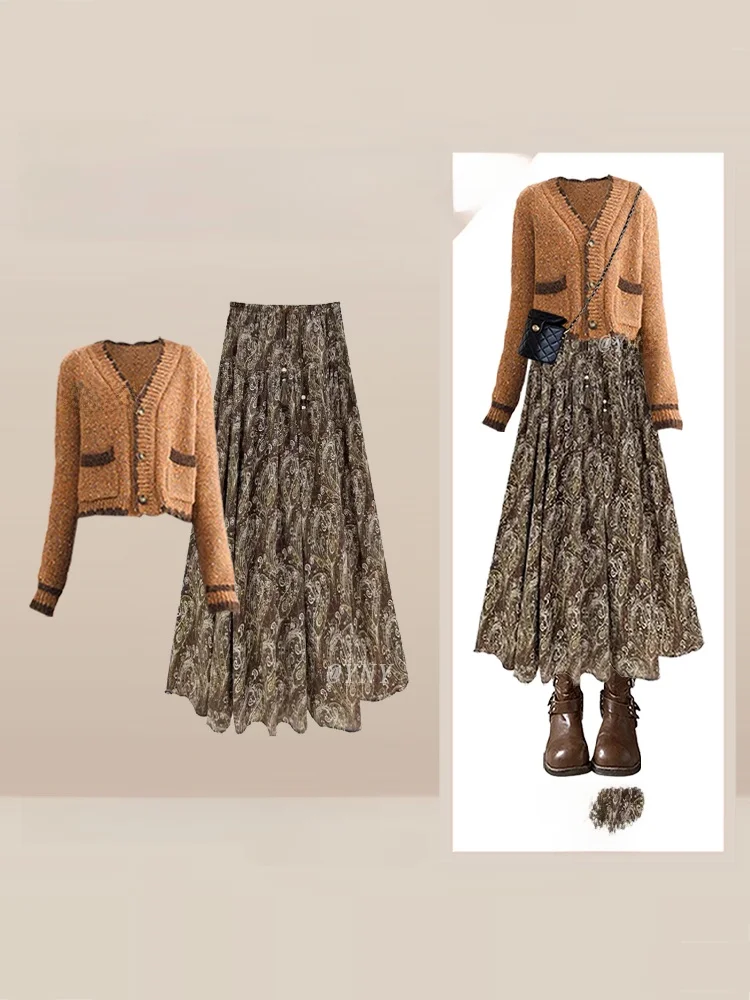 

Soft Cozy Women's Brown Sweater Jaet Floral f Skirt Two-Piece Set Autumn Winter Faion Casual French Sle Adult Wear