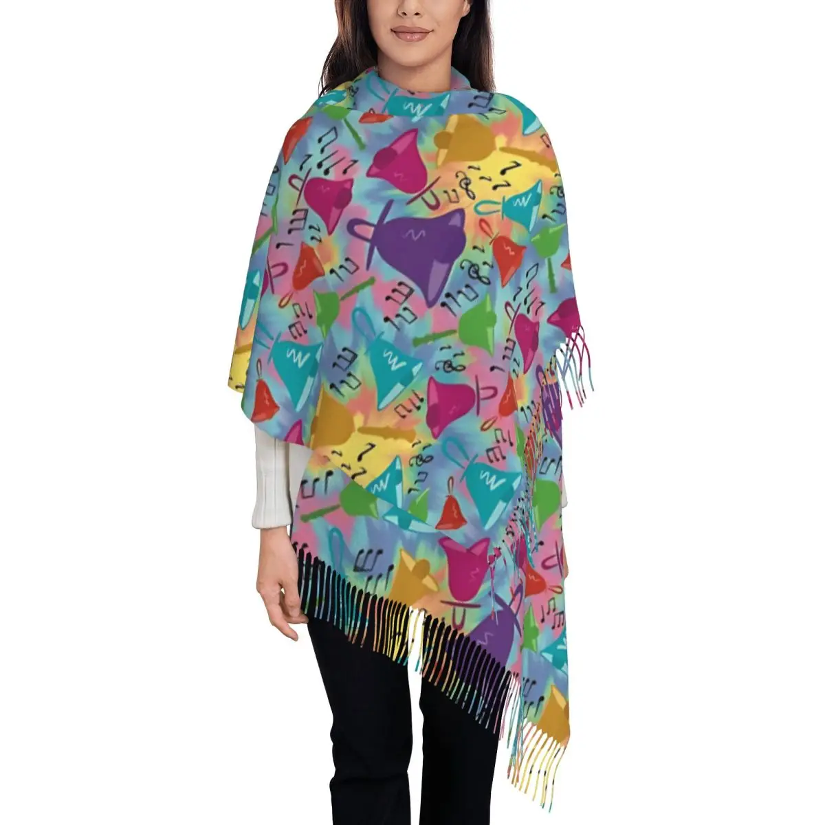 Womens Tassel Scarf Handbells Tie Dye Pattern Music Notes Large Super Soft Shawl and Wrap Gifts Cashmere Scarf