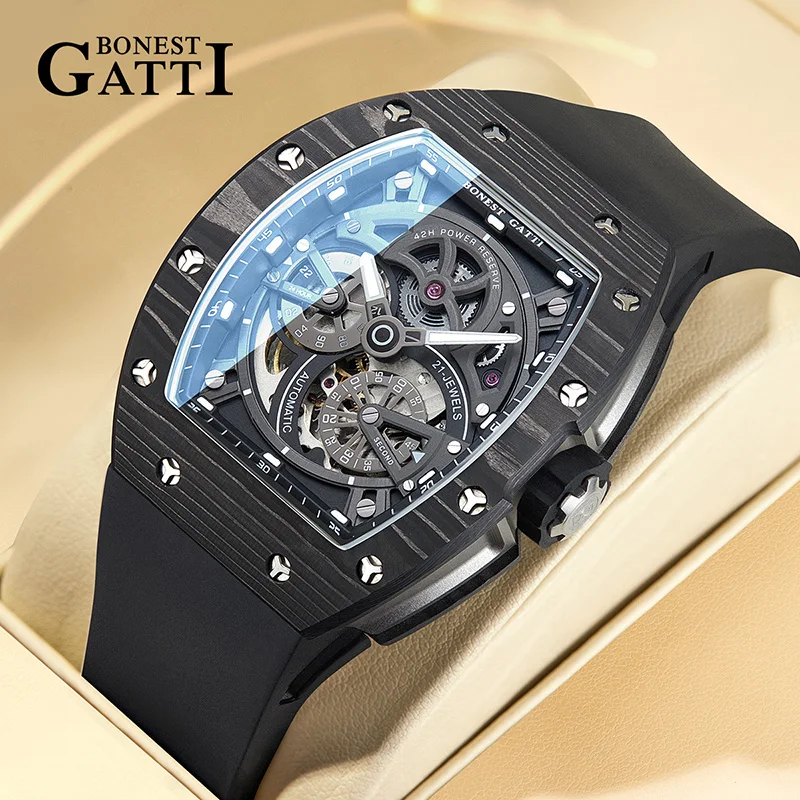BONEST GATTI Automatic Movement Mechanical Watch Carbon Fiber Bezel Tonneau Luminous Case Fluororubber Strap Wristwatch For Men