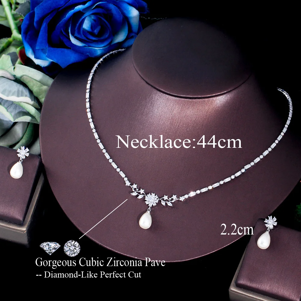 ThreeGraces Shining Cubic Zirconia Silver Color Simulated Pearl Earrings Necklace Fashion Flower CZ Jewelry Set for Women TZ839