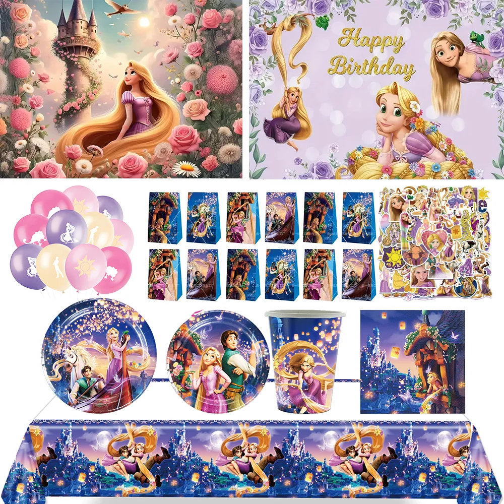 Décorations de fête d'anniversaire sur le thème Disney raiponce, ensemble de vaisselle jetable mignon, ballon de fond, bannière de réception-cadeau pour bébé, cadeau pour enfants