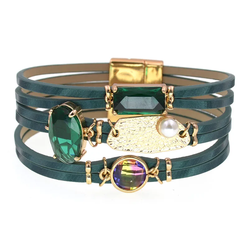 WELLMORE women bracelet glass leather bracelets for women charm bracelet fashion female jewelry wholesale dropshipping
