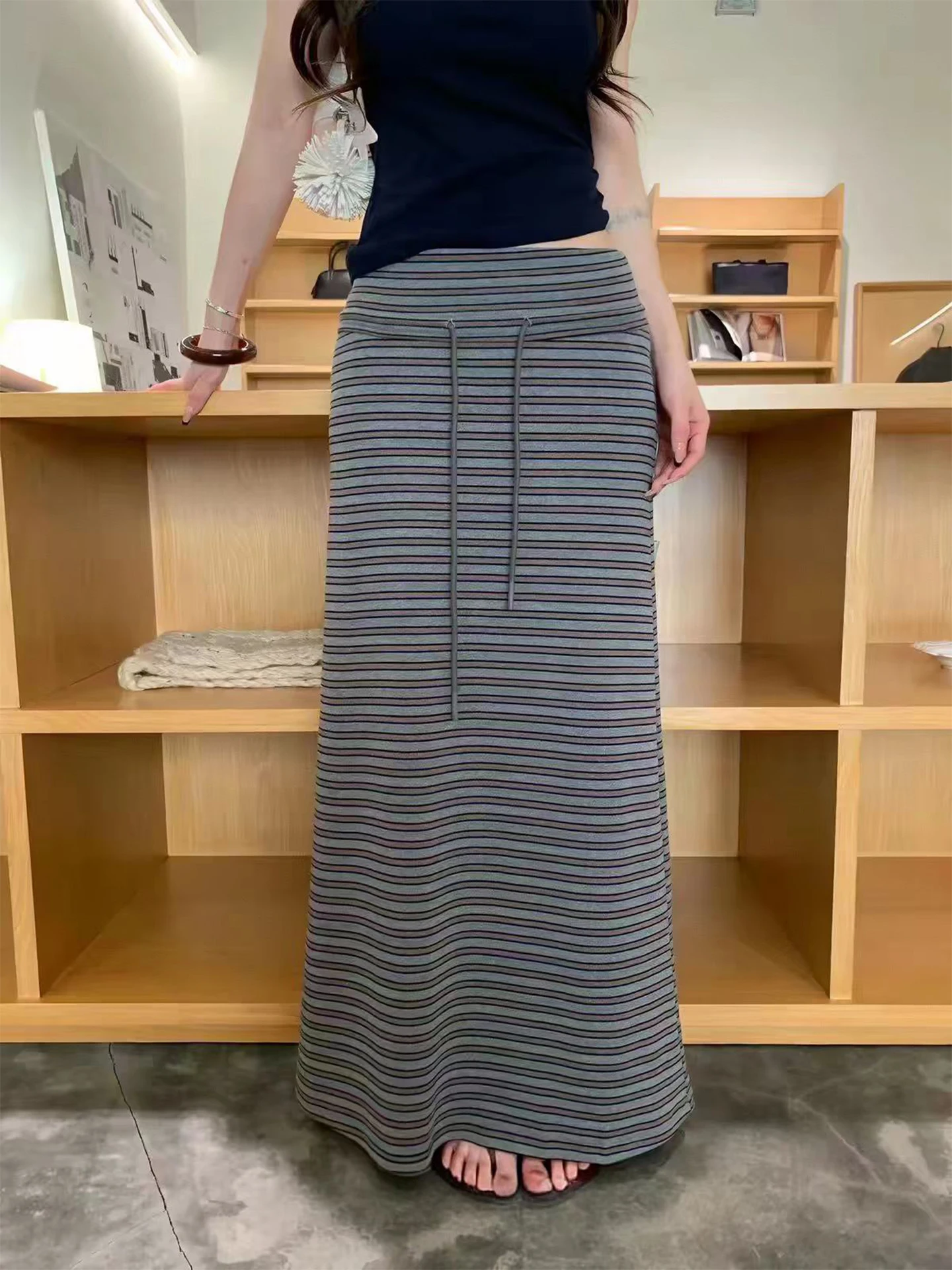 Gray Striped Drawstring High Waist Straight Cut Skirt Women's Elegant Style Autumn New Korean Version Slimming Long Skirt