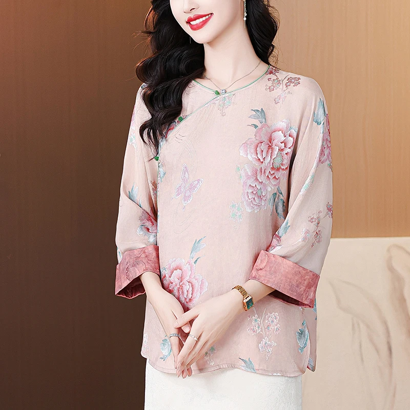 

2025 Spring Vintage Florla Natural Silk Satin Tops and Blouses Summer Casual New Office Lady Print Shirt Elegant Bodycon Blouses
