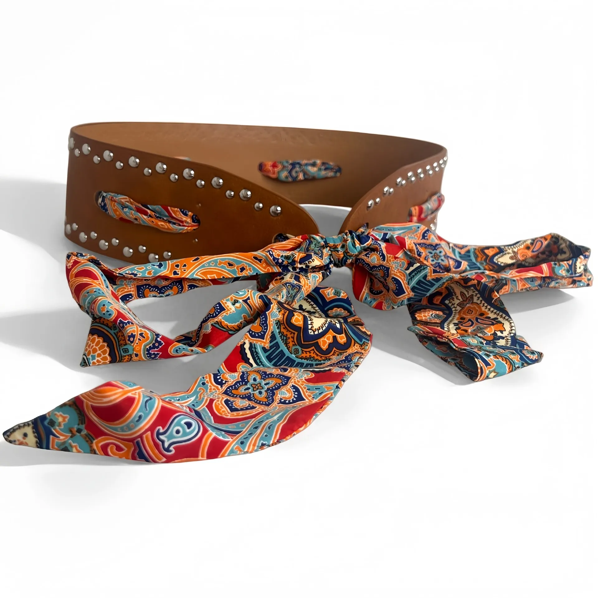 Korean-Style Fashion Colorful Silk Scarf Woven With Rivets, Punk Wide Leather Belt, Simple And Versatile Jeans Belt Accessory