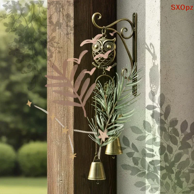 Forest-style Metal Owl Double Bell Wind Chime Entryway Door Decoration Christmas And Thanksgiving Gift