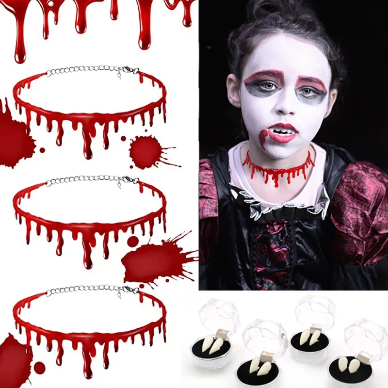 1PC Halloween Fear Blood Drop Necklace Vampire Teeth Red Blood Drip Chokers Halloween Horror Props Party DIY Decorations