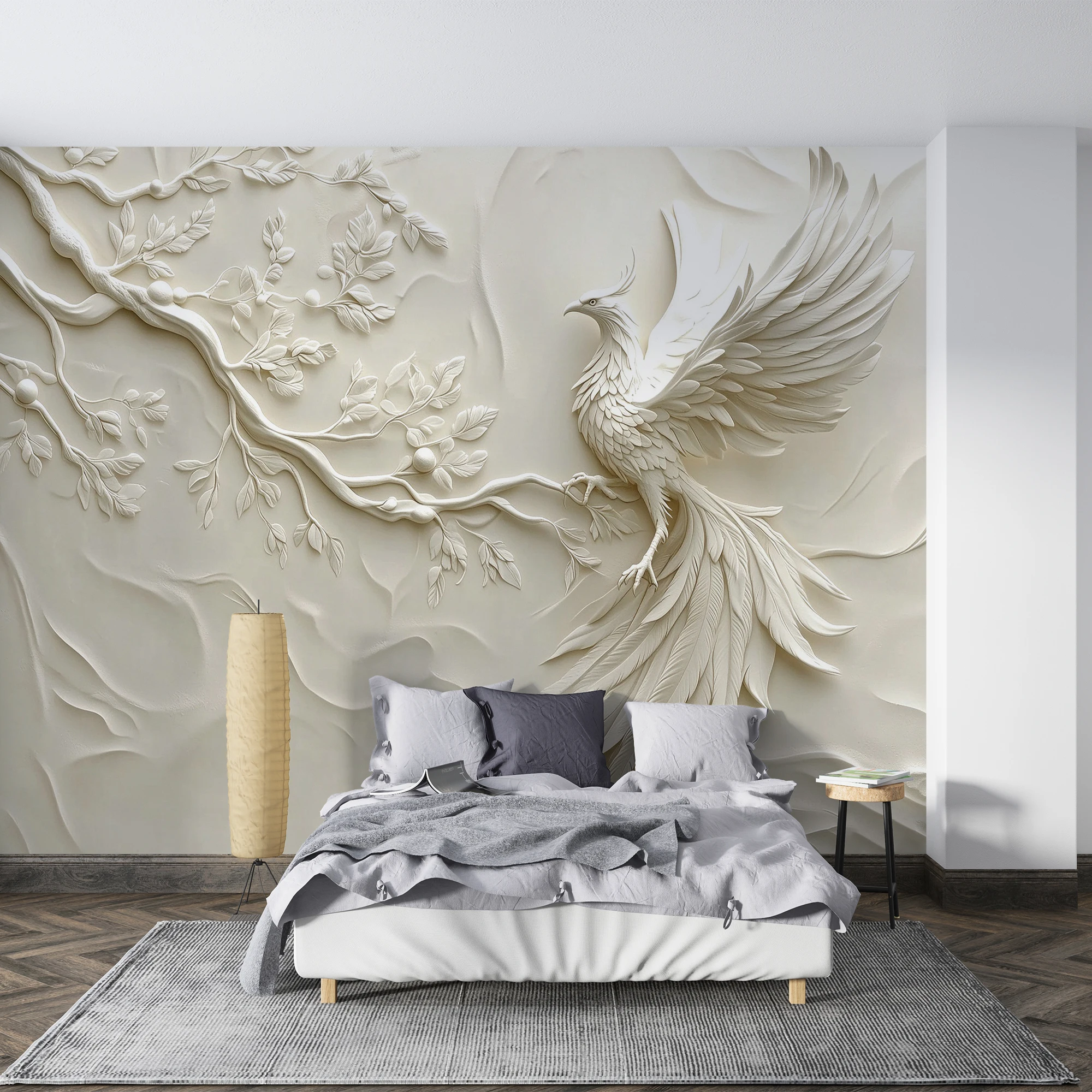 Custom 3D Relief White Phoenix Tree Branch Mural Embossed Sculpture Wallpaper Bird Wall Mural for Living Room Home Decor