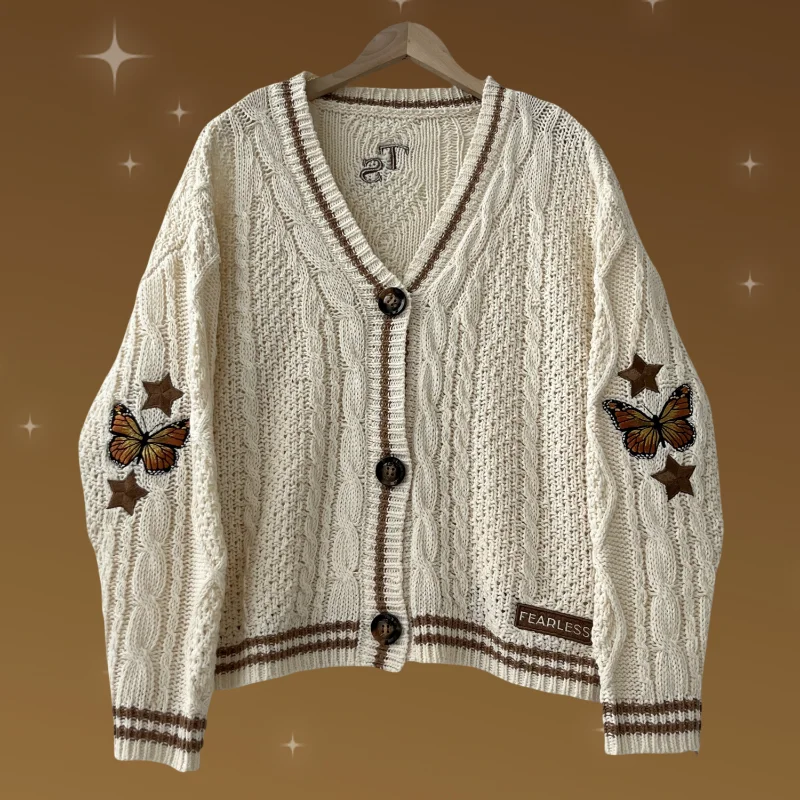 Butterfly Knitted Cardigan for Women Beige Sweaters with Brown Star Embroidery Tops Girl Autumn Winter Vintage V Neck Cardigans