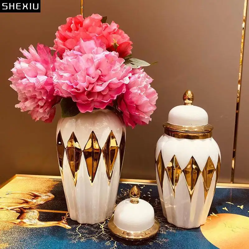 

Gold-plated General Ceramic Storage Jars Ginger Jar Vase Flower Arrangement Desktop Jewelry Cosmetics Container